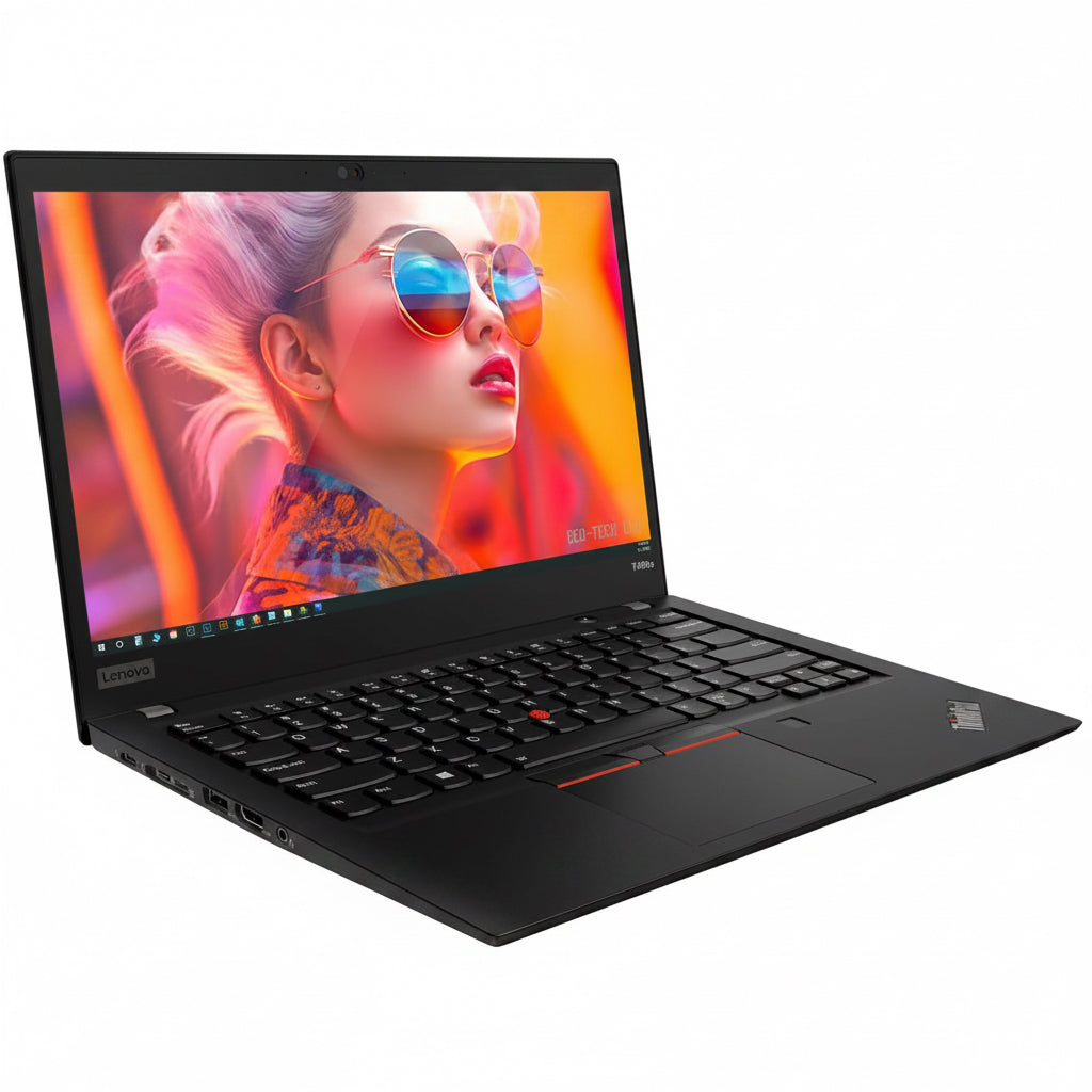 Laptop with a colorful display of a woman wearing sunglasses on the screen.