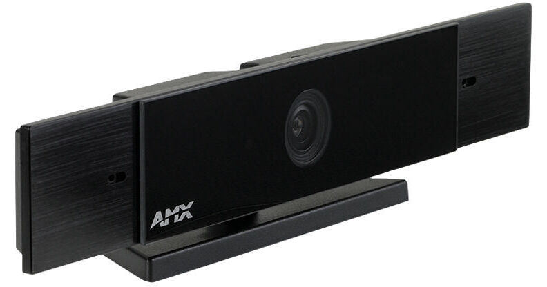 Black AMX smart security camera with a sleek rectangular design, featuring a central lens and a white AMX logo on the front, set against a plain white background.