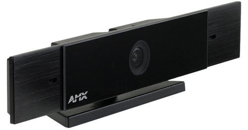 Black AMX smart security camera with a sleek rectangular design, featuring a central lens and a white AMX logo on the front, set against a plain white background.