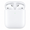 Apple AirPods with case open on white background