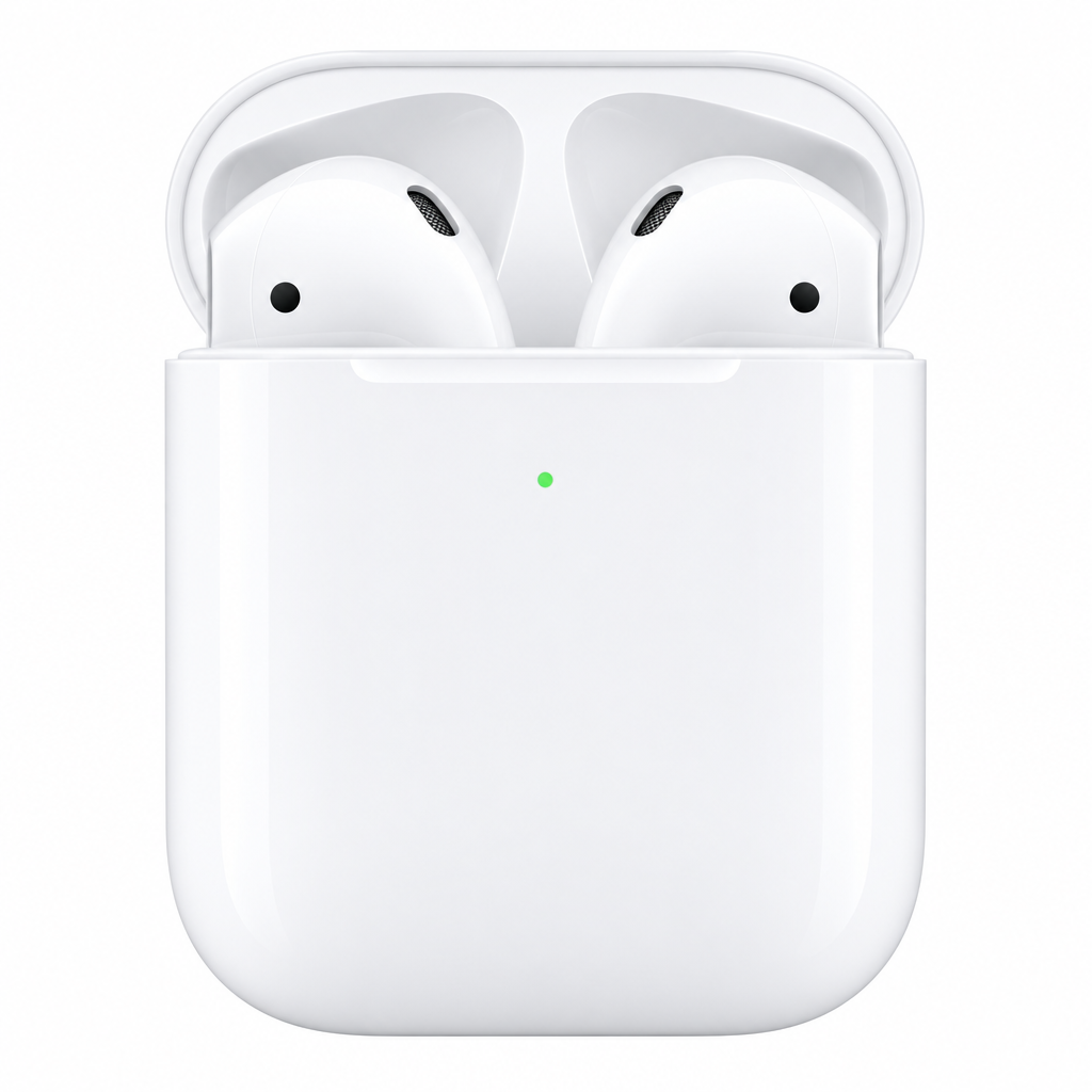 Apple AirPods with case open on white background
