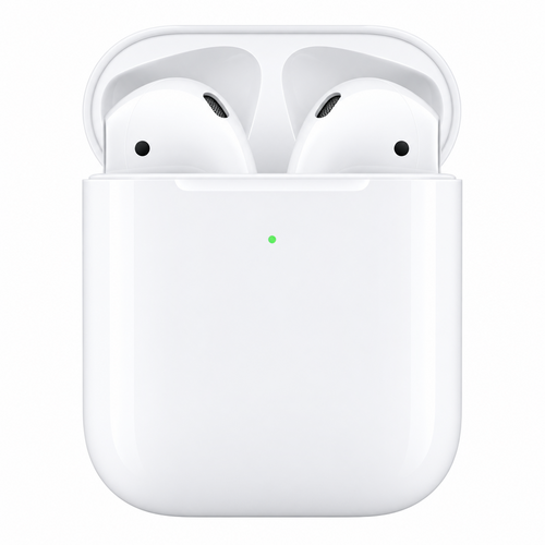 Apple AirPods with case open on white background