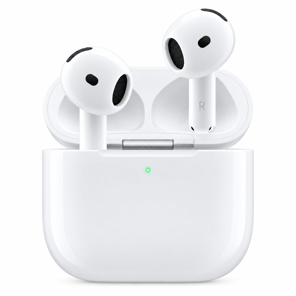 AirPods 4 with case open on white background