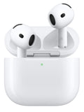 White wireless earbuds in an open charging case on a clean white background, with a small green LED indicator light visible on the front of the case.