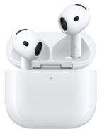 White wireless earbuds in an open charging case on a clean white background, with a small green LED indicator light visible on the front of the case.