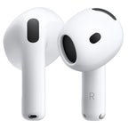 A pair of white wireless earbuds with black speaker grilles, shown from the back and side on a clean white background.