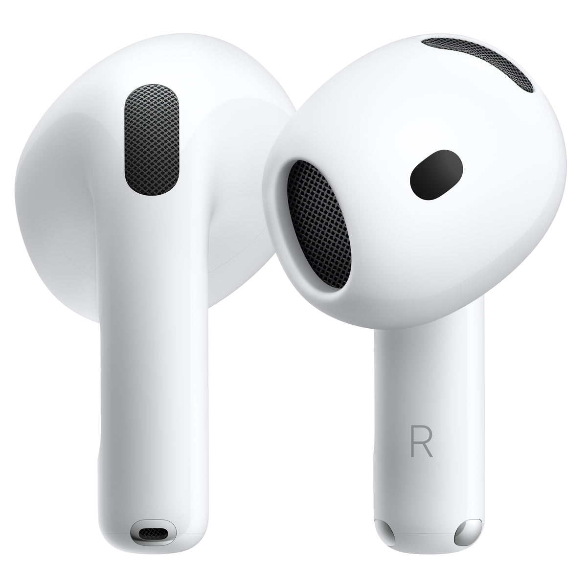 A pair of white wireless earbuds with black speaker grilles, shown from the back and side on a clean white background.