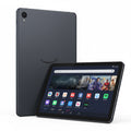 A black Amazon Fire tablet shown from the front and back against a solid white background. The front view displays the colorful user interface on the screen, while the back view shows the matte black backplate.