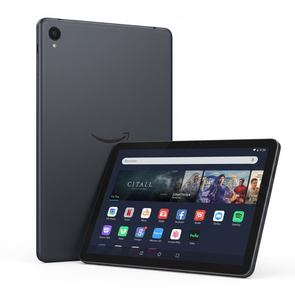 A black Amazon Fire tablet shown from the front and back against a solid white background. The front view displays the colorful user interface on the screen, while the back view shows the matte black backplate.