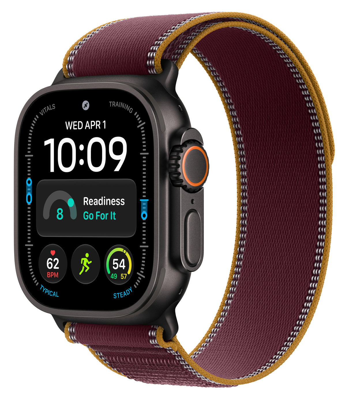 Apple Watch Ultra Black Titanium with burgundy trail loop on a white background