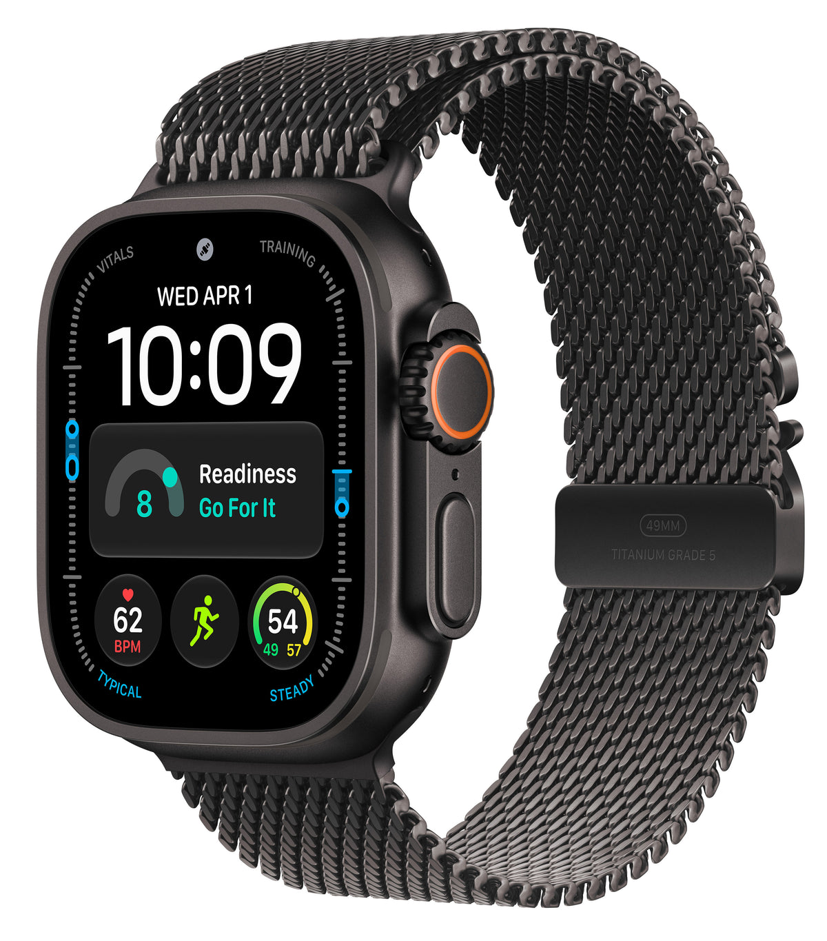 Apple Watch Ultra Black Titanium with titanium Milanese Loop on a white background