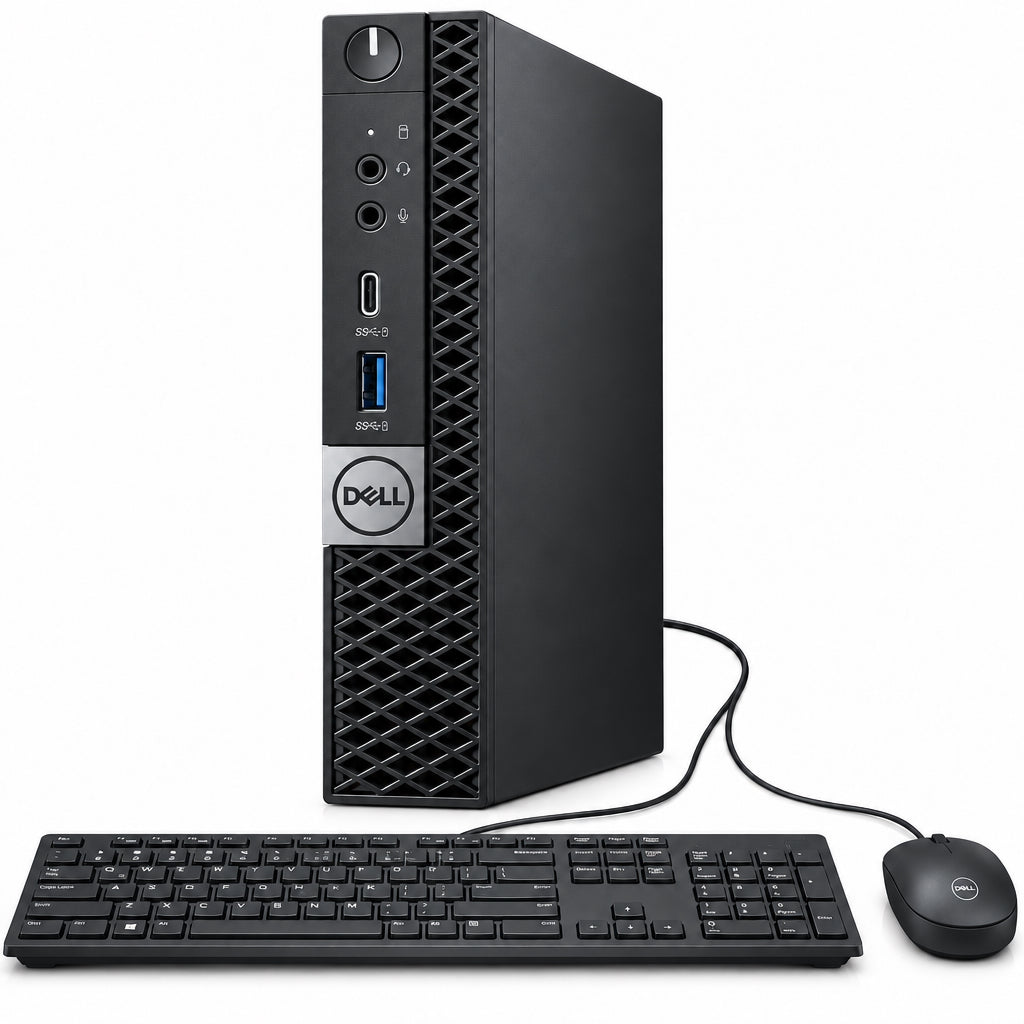 Dell micro computer with wired keyboard and mouse on white background