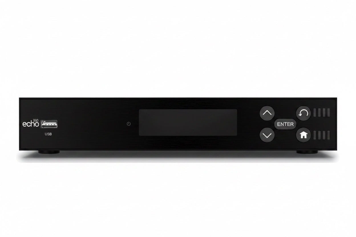 A black Echo brand electronic device, likely a receiver or media player, with a front display screen and control buttons including Enter, Volume, and Home.