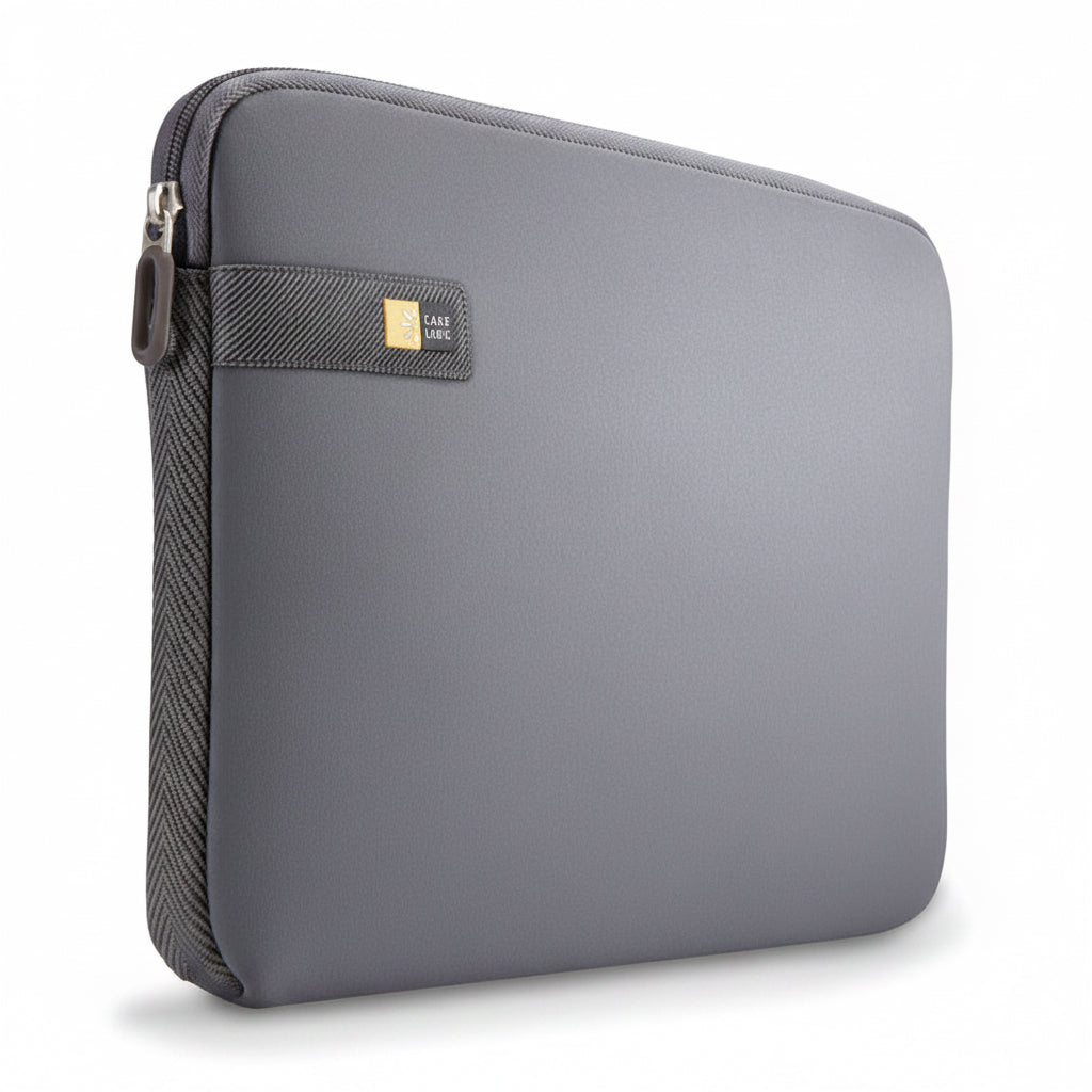 A gray zippered laptop sleeve with a small gold and black LELOS logo patch on the front, shown on a clean white background.