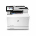 HP printer with touchscreen display on a white background
