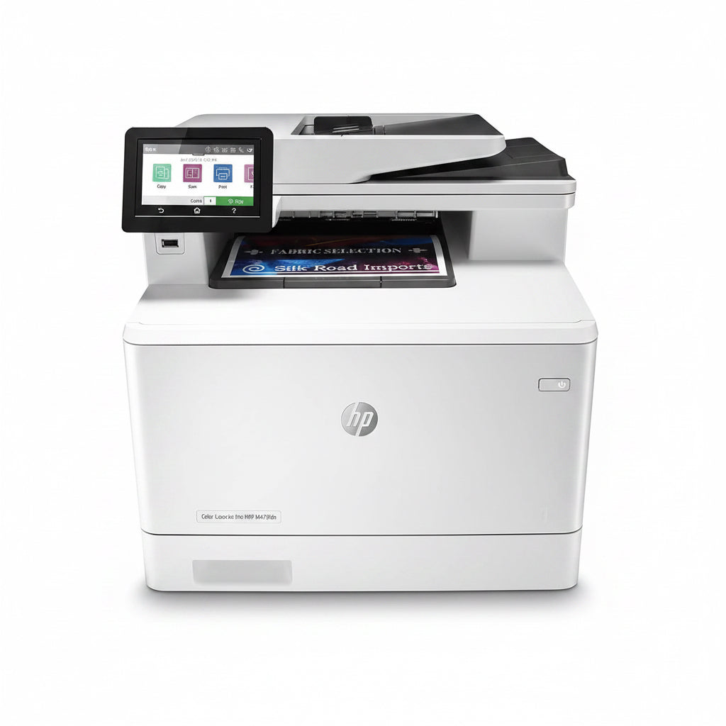 HP printer with touchscreen display on a white background