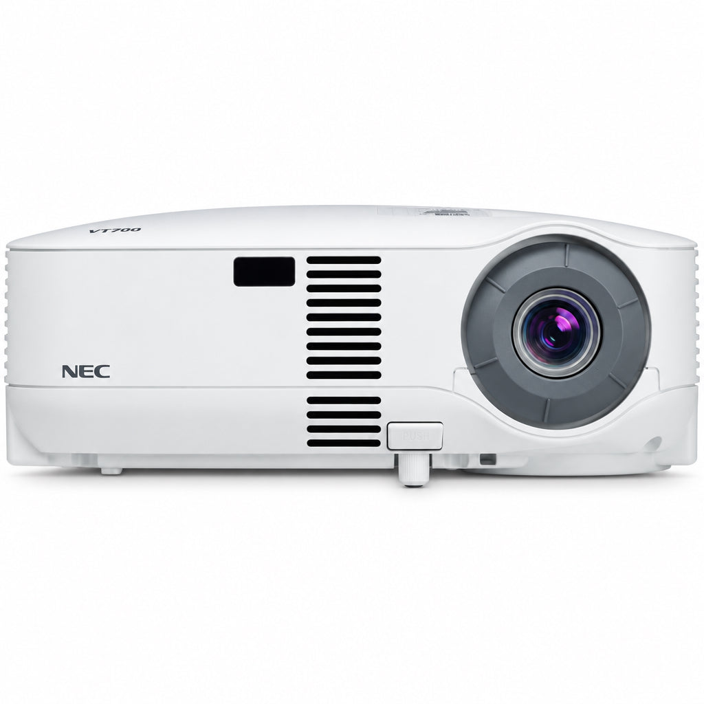 A white NEC projector shown from a side profile view against a solid white background.