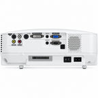 White projector rear panel showing various input and output ports including VGA, DVI, S-Video, RCA, and audio jacks, with a speaker grille on the right and power switch on the bottom right.