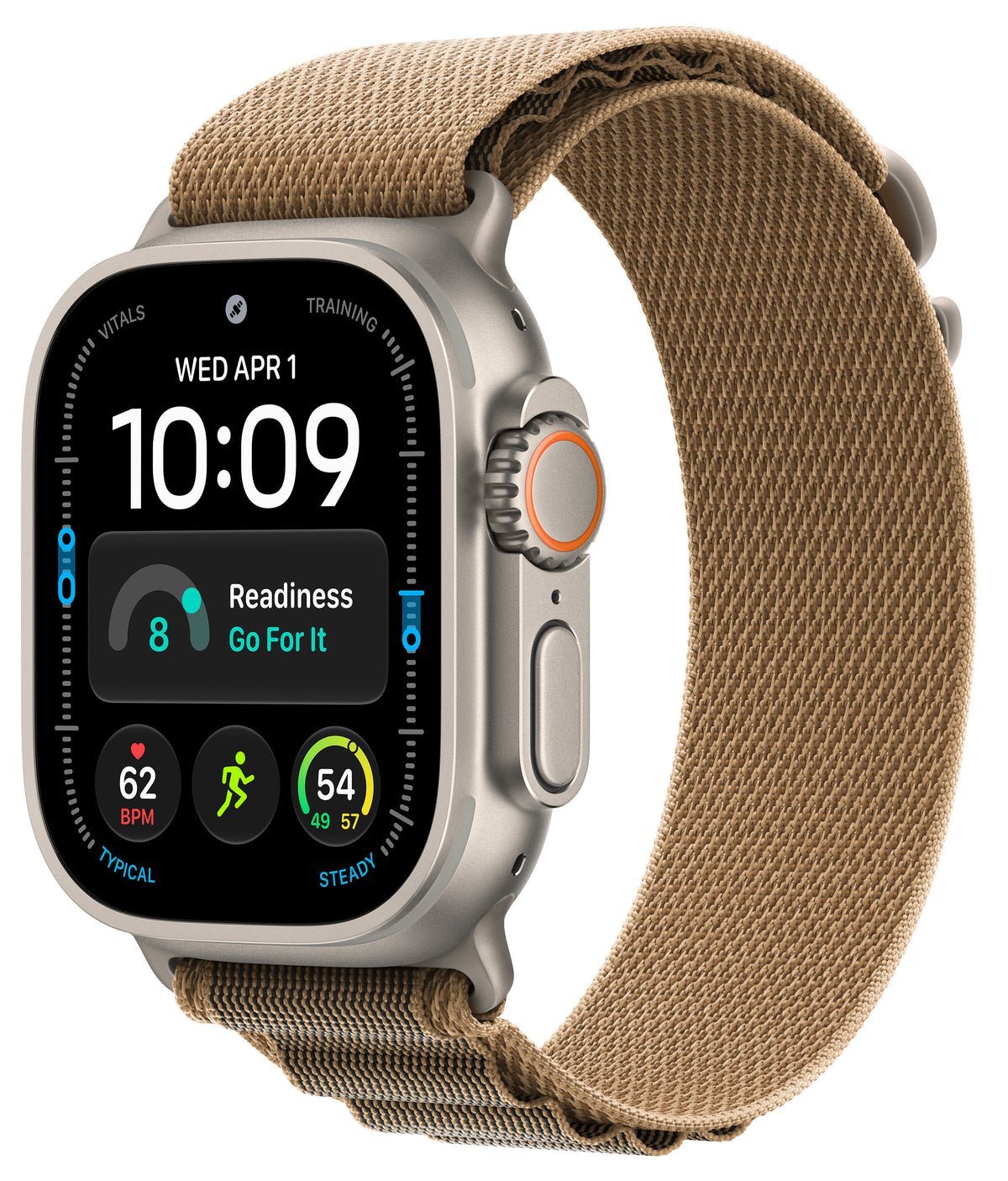 Apple Watch Ultra Natural Titanium with desert alpine loop band on a white background