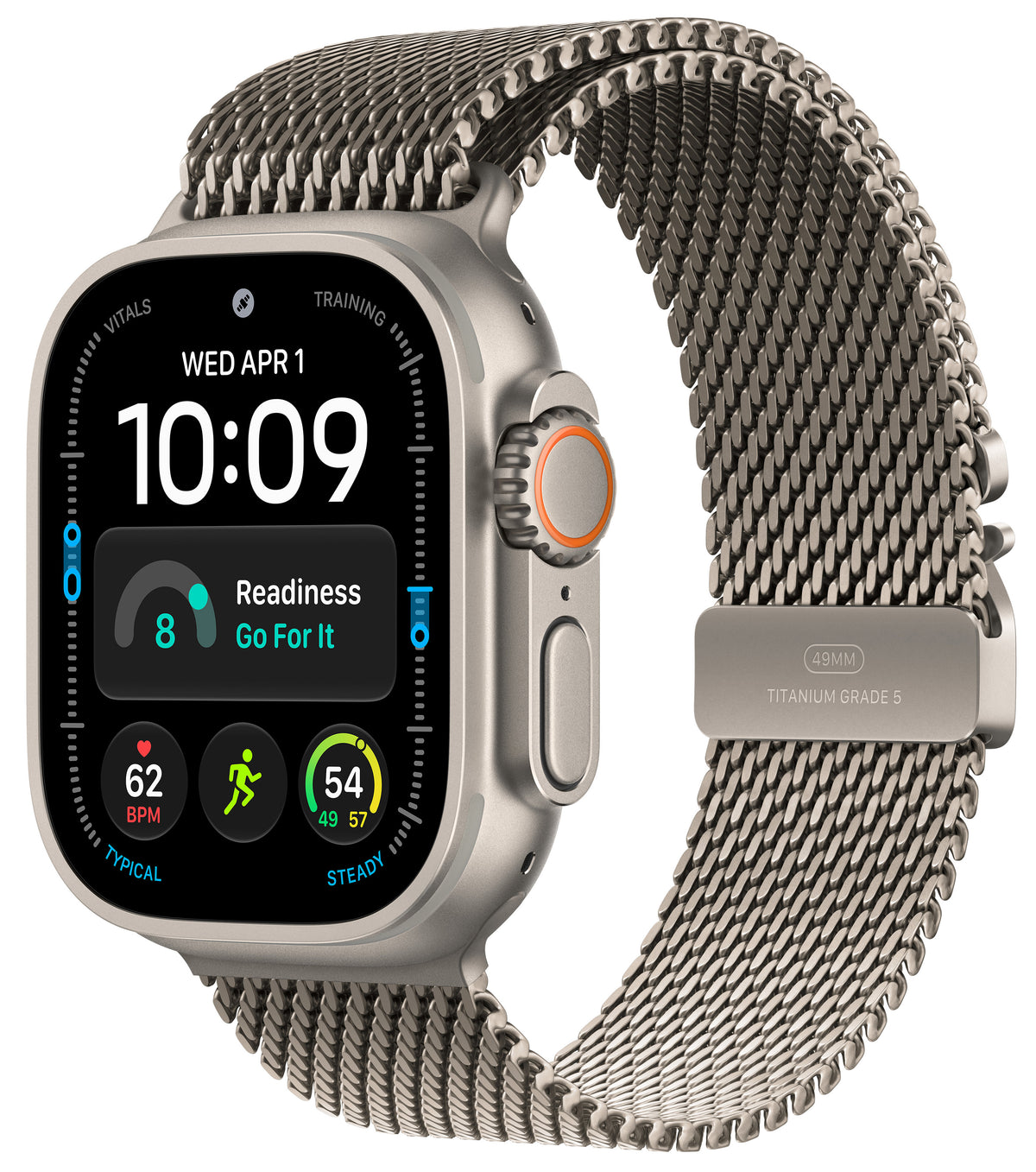 Apple Watch Ultra Natural Titanium with Natural Milanese loop on a white background
