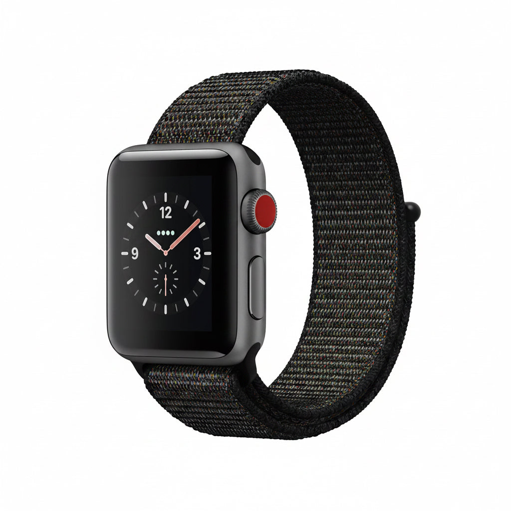 A smartwatch with a black analog-style watch face and a black woven sport band, shown on a plain white background.