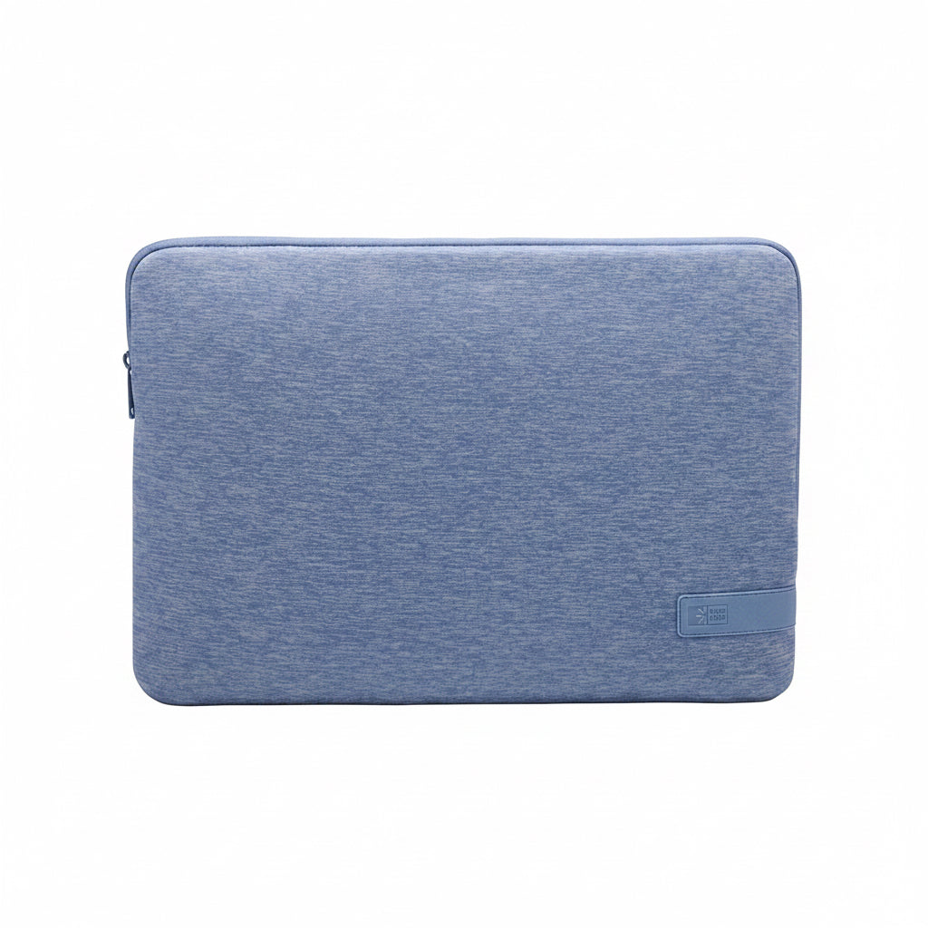 Blue laptop sleeve with a brand logo on a white background