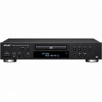 A black Teac CD player receiver with a digital display screen and multiple control buttons, shown against a plain white background.