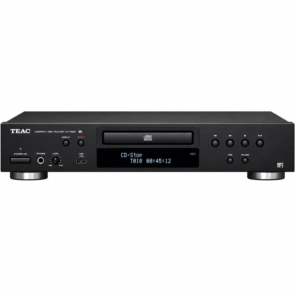 A black Teac CD player receiver with a digital display screen and multiple control buttons, shown against a plain white background.