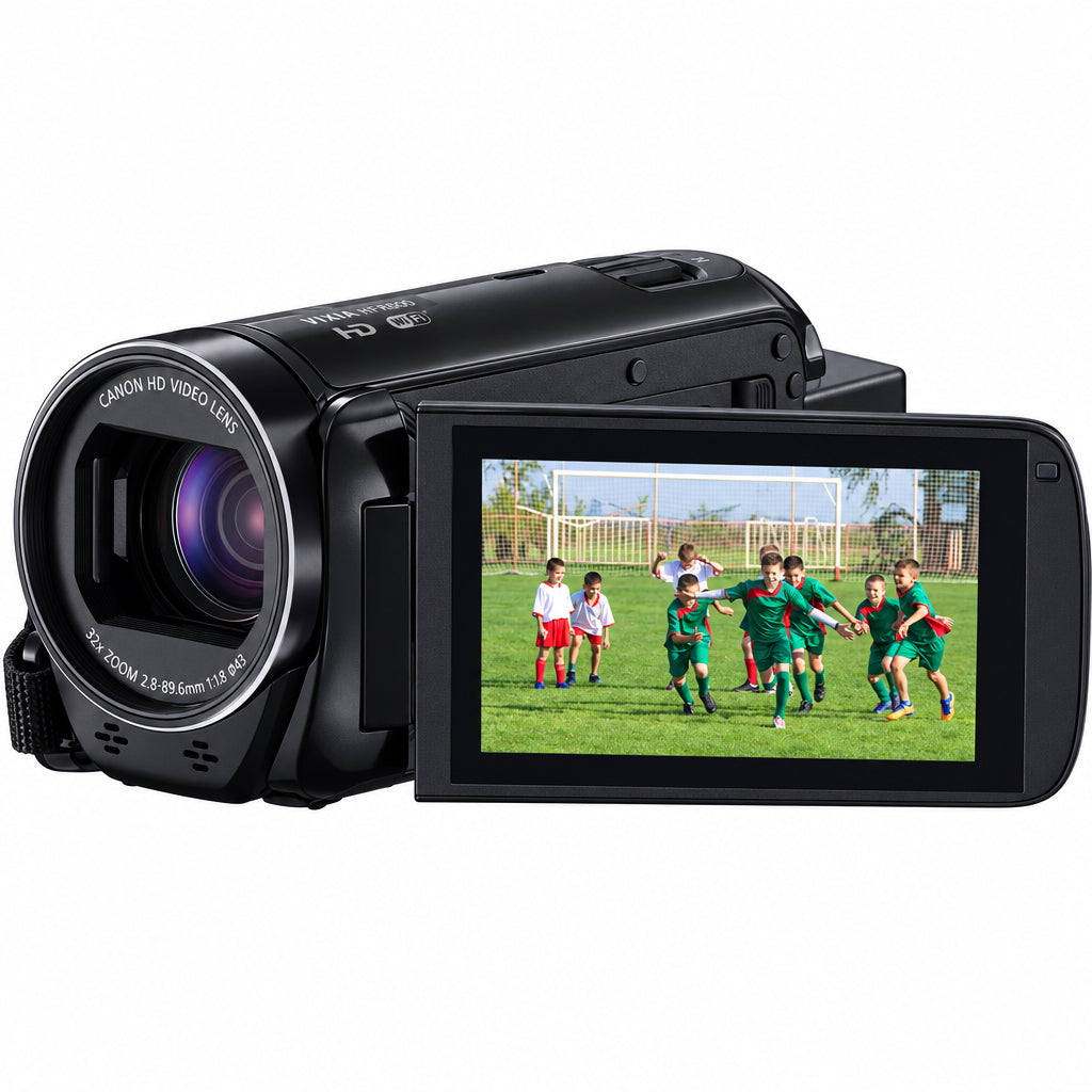 A black Canon HD video camera with a large front lens and a flip-out LCD screen showing a soccer game. The camera is photographed on a clean white background.