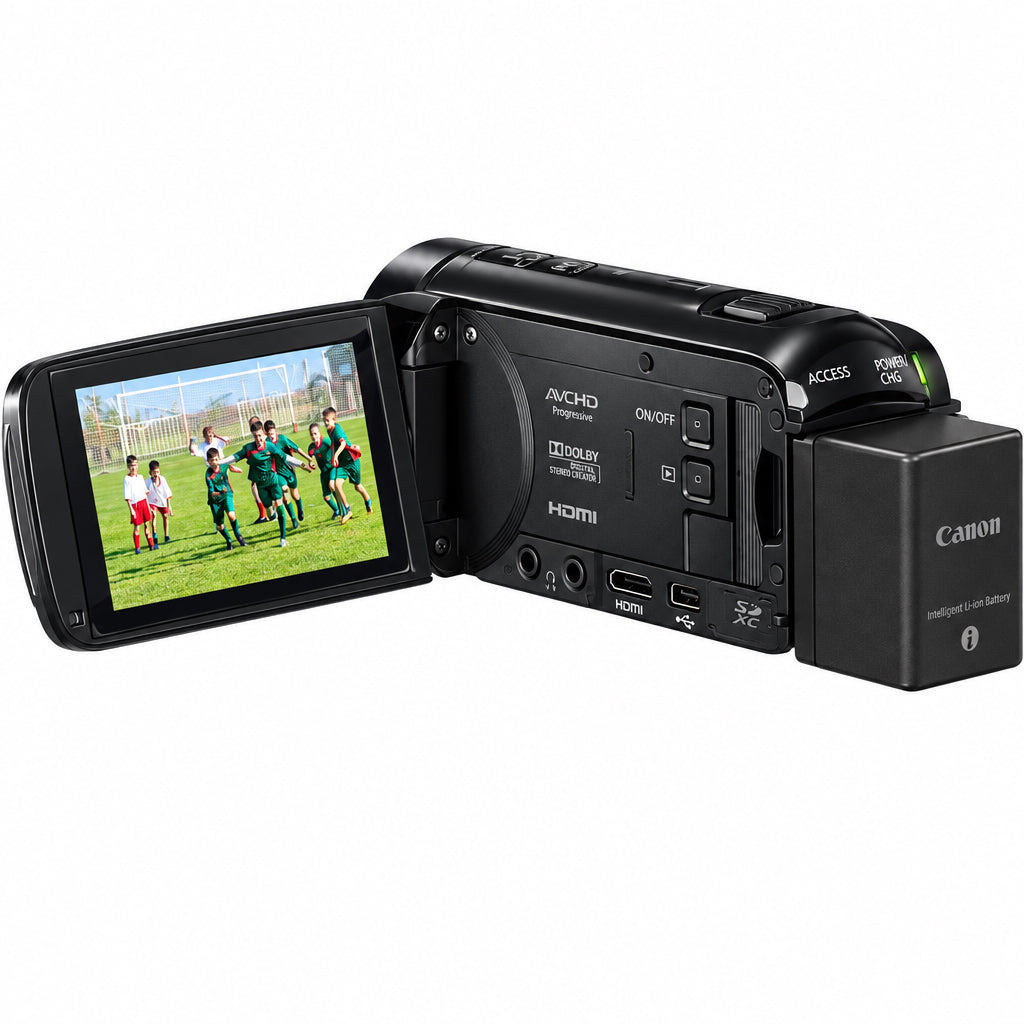 A black Sony video camera with its flip-out screen open, displaying a soccer game on the screen. The camera is shown from a three-quarters angle against a plain white background.
