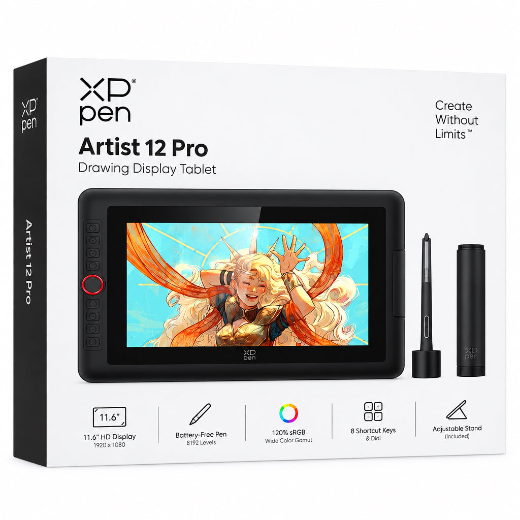 XPPen display and pen on white background
