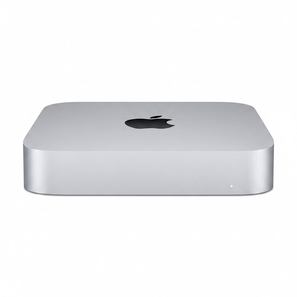 Apple Mac mini computer with a silver aluminum chassis and a black Apple logo on top, shown against a plain white background.